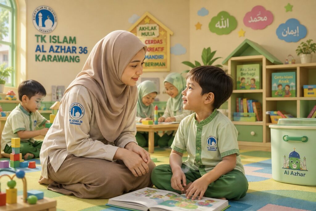 Murid TK Islam Al Azhar 36 Karawang belajar mengenali emosi dan komunikasi positif bersama guru.