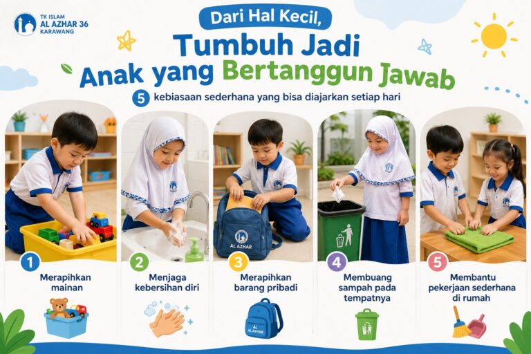 Tanggung jawab anak sejak dini melalui 5 kebiasaan sederhana di TK Islam Al Azhar 36 Karawang, seperti merapikan mainan, menjaga kebersihan diri, merapikan barang pribadi, membuang sampah, dan membantu pekerjaan di rumah.